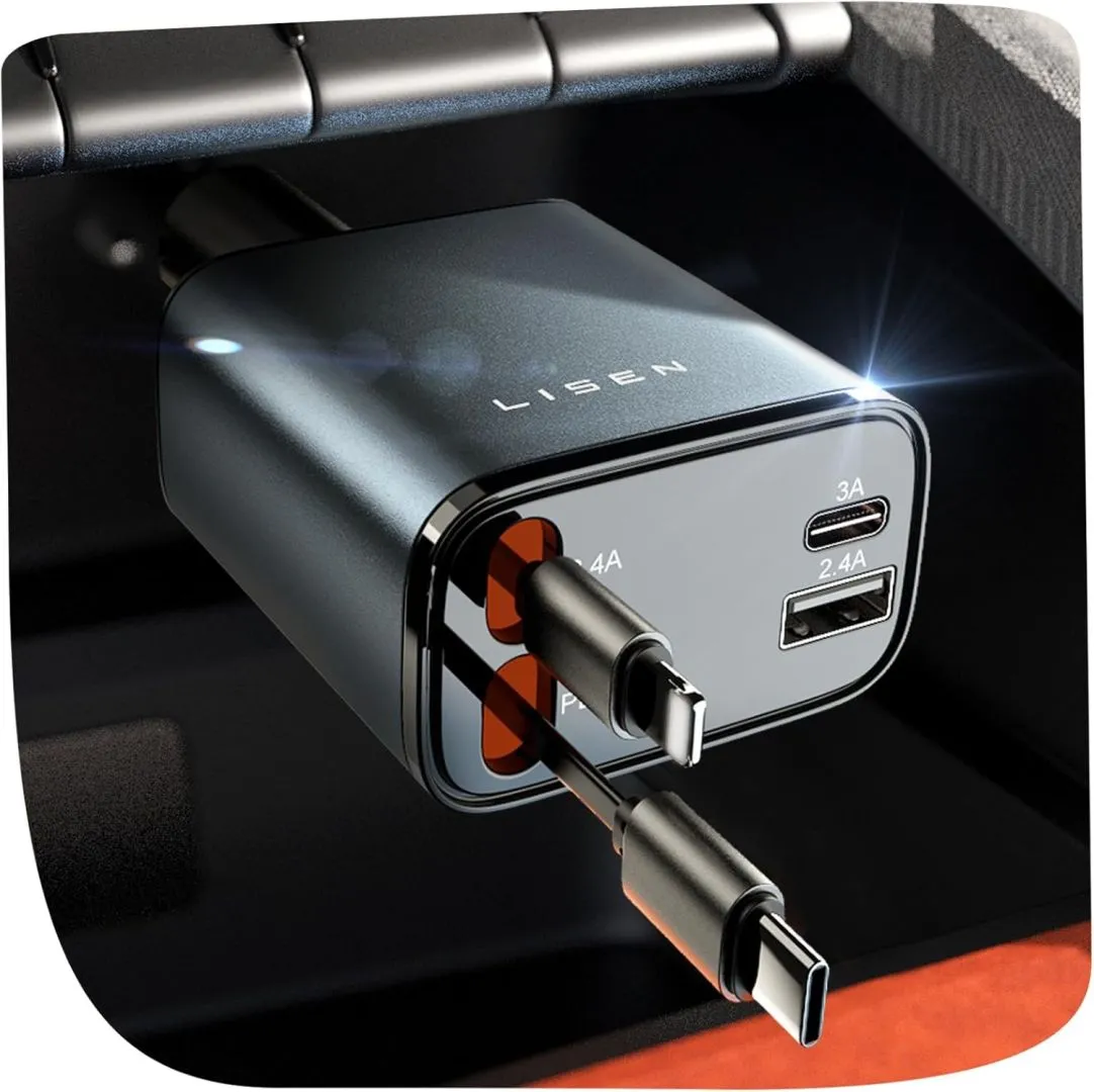 LISEN Retractable Car Charger 4 in 1 [69W USB C Car Adapter] for iPhone 16 Car Charger Fast Charging, Valentines Gifts for Women Men, Car Accessories USBC Car Charger for iPhone 16 15 14 13 12, Gray
