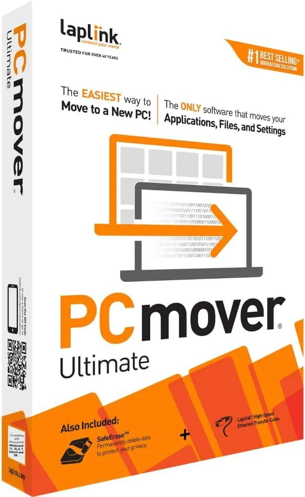 Laplink PCmover Ultimate 11 - Easily Transfer Files to New Computer - Efficient Migration of Applications from Old PC to a New PC - Data Transfer Software - With Optional Ethernet Cable - 1 License