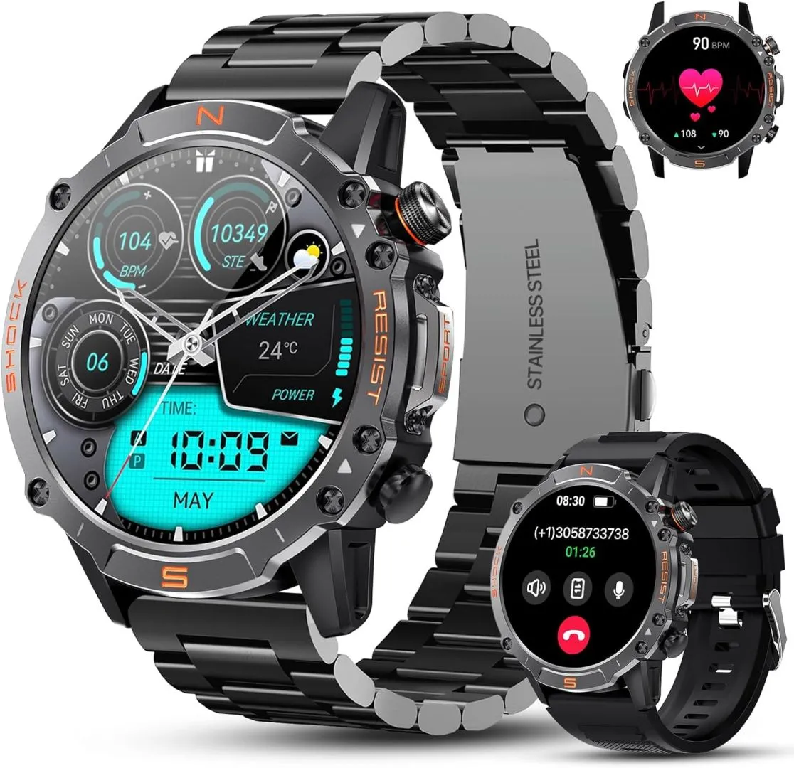 WalkerFit Smart Watch for Men- Answer/Dial Calls with 110 Sport Models,IP68 Waterproof Fitness Watch with Heart Rate Monitor,Android Smart Watch for iPhone Compatible, 1.43" AMOLED Display, Steel Band