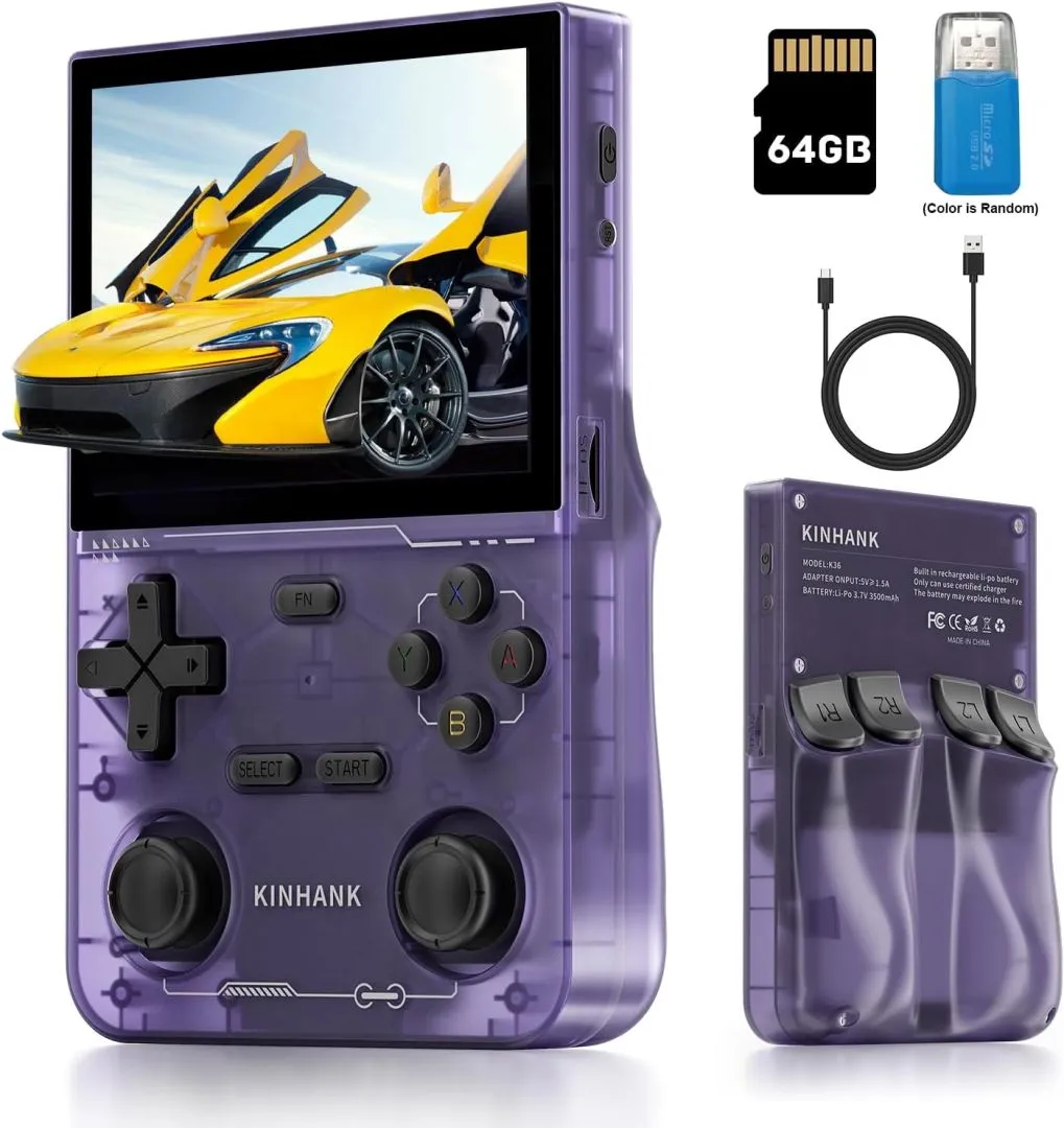 Kinhank K36 Handheld Retro Game Console with 9000+Games,Mini Retro Game Console with 64GB TF Card,Portable Gaming Console,3.5 Inch IPS Screen(Purple)