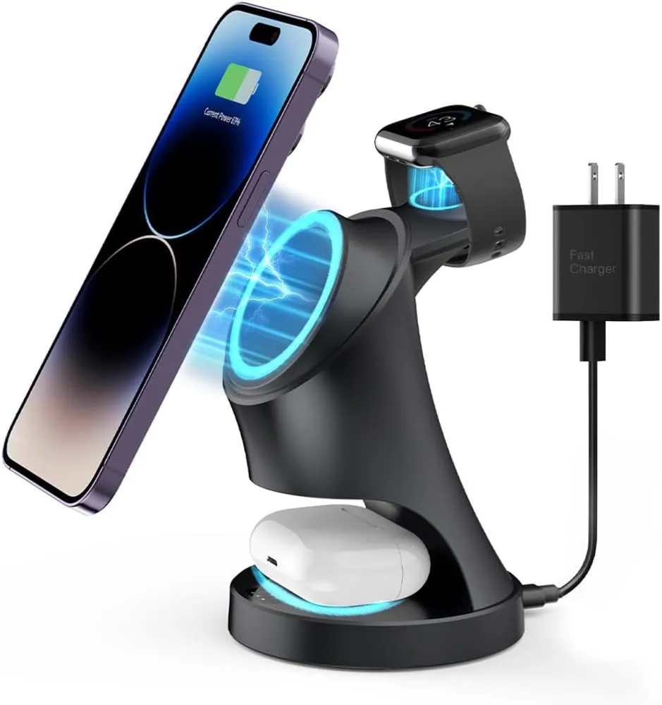 3 in 1 Charging Station for Apple Devices 18W Fast Mag-Safe Charger Stand Magnetic Wireless Charger Station for iPhone16 15 14 13 12 Pro/Pro Max/Plus/Mini AirPods 2/3/Pro iWatch 10/9/8/7/SE/6/5/4/3/2