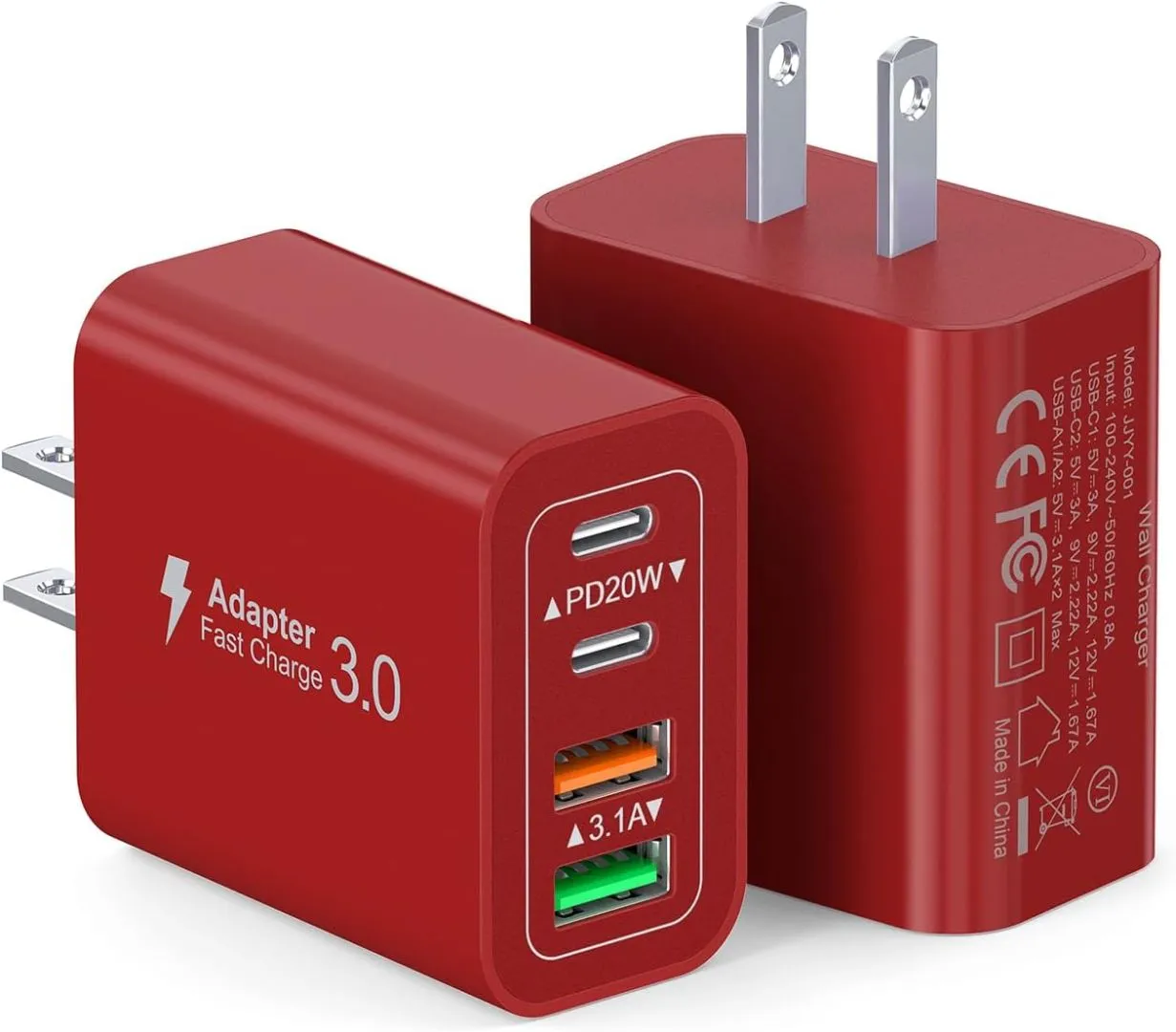 40W USB C Wall Charger, 2-Pack Super Fast Charging Block PD+QC 4 Port Charger Cube for iPhone 16,iPad Pro/Mini/Air, iPod Nano, iPod Touch, Switch, Smart Phone, Smartwatches and Tablet(Red)
