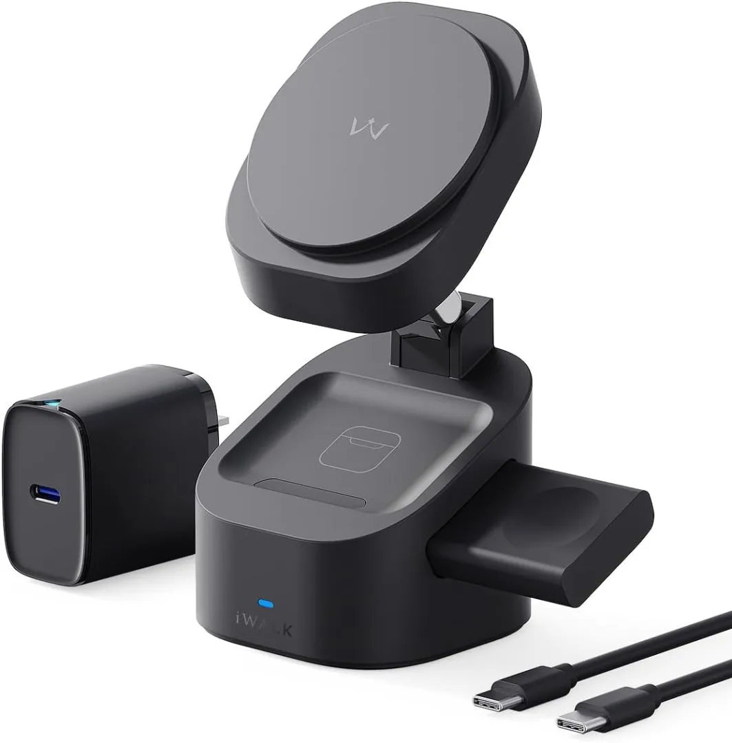 iWALK Magnetic Wireless Charger,3 in 1 Foldable Charger Stand,Adjustable Charging Station for Apple Devices Compatible with iPhone 16/15/14/13/12 Apple Watch AirPods (20W USB-C Charger Included)