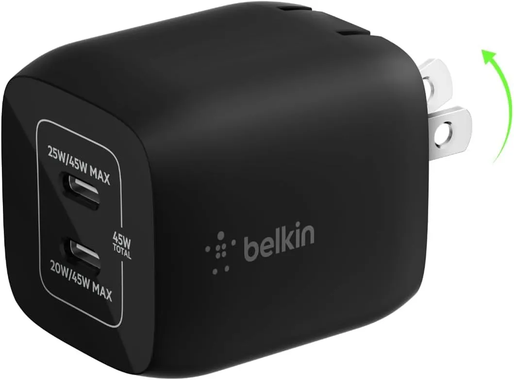 Belkin 45W Dual USB-C Wall Charger, Fast Charging Power Delivery 3.0 w/ GaN Technology for iPhone 16, 16 Pro, 16 Pro Max, 15, 14, Pro, Pro Max, Mini, iPad Pro 12.9, MacBook, Galaxy S25, & More - Black