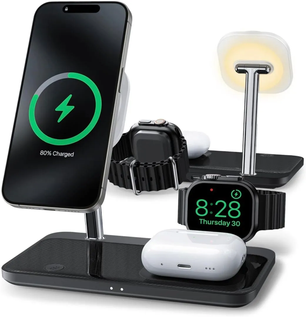 Wireless Charging Station for iPhone 16/15/14/13/12 Series, 4 in 1 Mag-Safe Charging Stand for Multiple Apple Watch Series 9-1/Ultra/SE&Airpods 4/3/2/Pro, Magnetic Wireless Charger with Night-Lamp