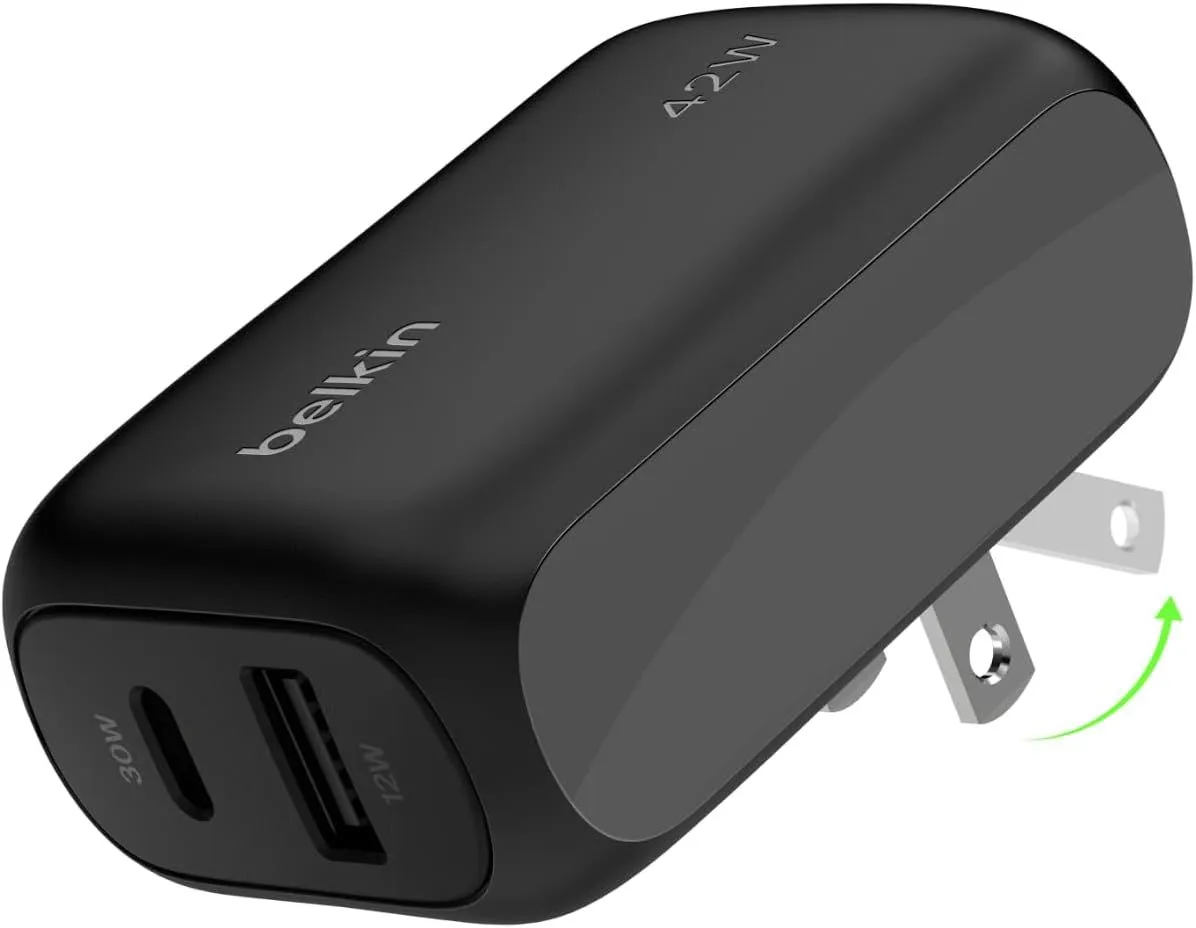 Belkin BoostCharge 42W Dual Port Wall Charger, USB-C + USB-A Charger Fast Charging for iPhone 16, 16 Pro Max, Plus, 15, 15 Pro Max, iPhone 14, Galaxy S25 Ultra, iPad, AirPods, & More - Black