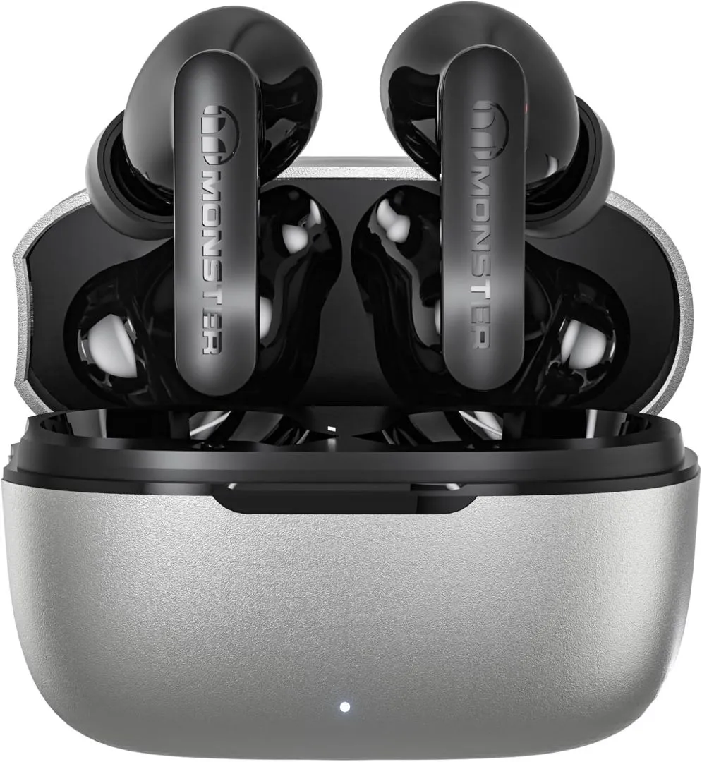 Monster N-Lite Clear Talk Wireless Earbuds Bluetooth 5.3 Headphones, IPX8 Waterproof in-Ear Stereo Earphones 60H Playtime, with Fast Charging for Sport, Bright Silver, MH22107