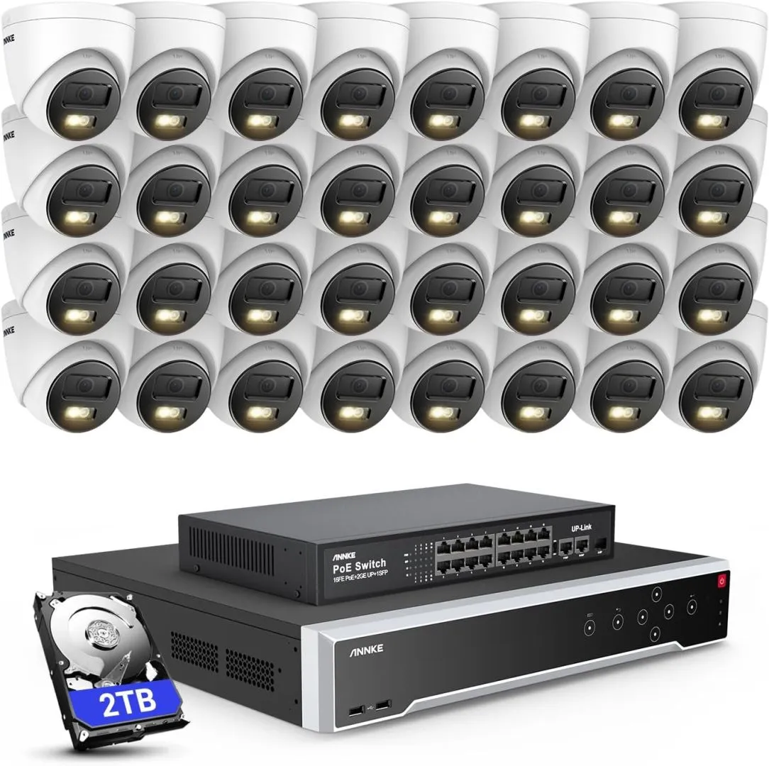 ANNKE 12MP Security Camera System, 16 Ports Expandable 32CH 12MP H.265+ NVR Recorder, 32X 12MP Color Night Vision Wired IP Cams, AI Motion & 1CH Face Detection, Compatible with Alexa, 2TB HDD