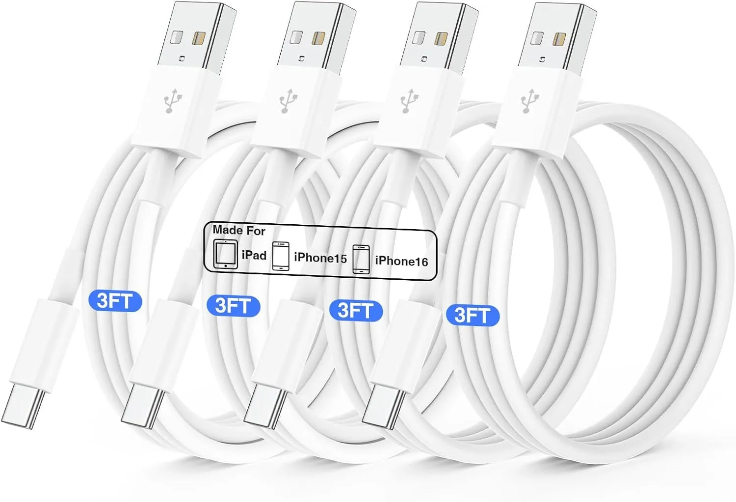 Car Charger for iPhone 16 15 Carplay Cable,4Pack USB A to USB C Cable 3FT,Car Carplay USB C Cord Compatible with iPhone 16/16 Pro/16 Pro max/16 Plus/iPhone 15/15 Pro/15 Pro max/15 Plus/iPad Pro