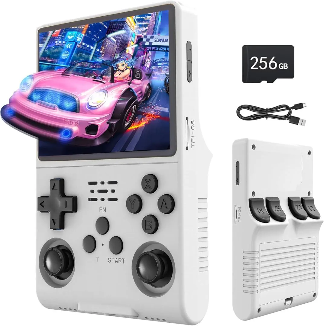 R40S Pro Handheld, 30000-in-1 HD Gaming Mini Retro Video Console, 3.5-inch IPS Screen, 256GB RAM, 45 Built-in Emulators, 3800mAh Battery (White 256GB)