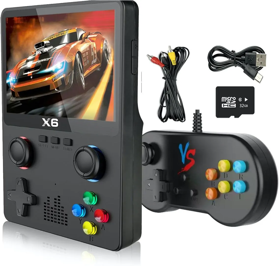 Retro Handheld Game Console with 32G Card Support 11+ Emulators, 3.5-inch IPS Screen, Portable Retro Gaming Console Supports 10,000+ Games and TV Outputs (Black + Handle)