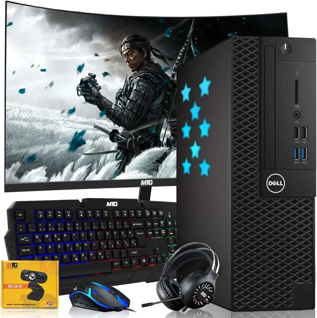 Dell Desktop PC Gaming Bundle - Core i5, 16GB RAM, 1TB SSD, 24-inch Curved Monitor, AMD RX 550, RGB Keyboard with AI-Enhanced Copilot Key and Mouse, RGB Headphone, Webcam, Wi-Fi, Win 11 Pro (Renewed)