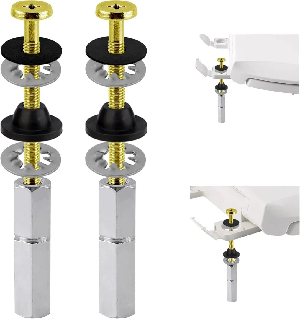 Hibbent 2 PCS Universal Toilet Seat Bolts Kit, Heavy Duty Solid Brass Toilet Bolts with Extra Long Stainless Steel Downlock Nuts Rubber Washers Gaskets, Easy to Install - Bathroom Toilet Repair Screw