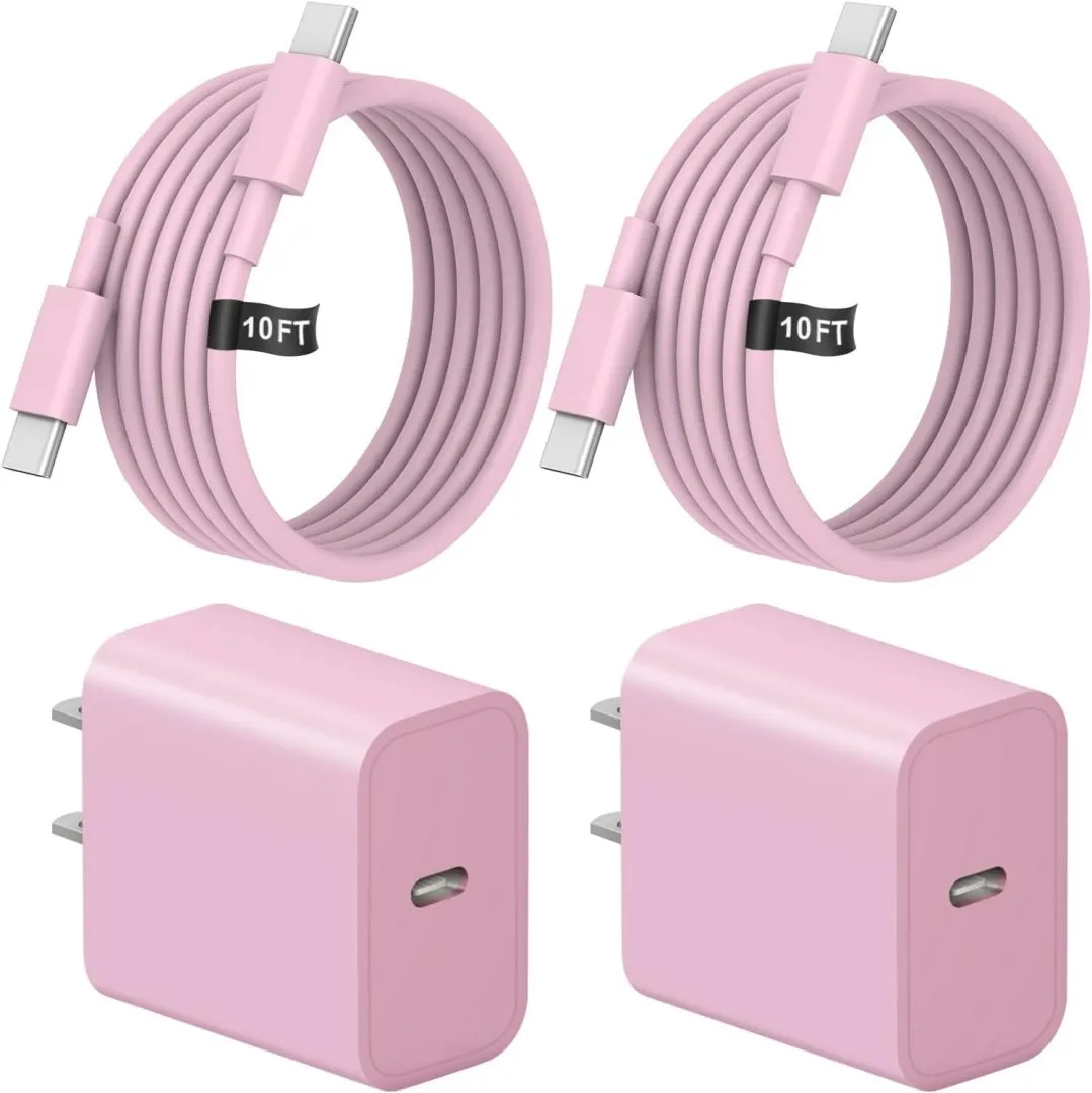 10 Ft iPhone 16 15 Charger Fast Charging USB C Charger Block Type C Chagrer Fast Charging 2-Pack for iPhone 16/16 Plus/16 Pro/16 Pro Max/iPhone 15/15 Pro Max/Samsung(Pink)