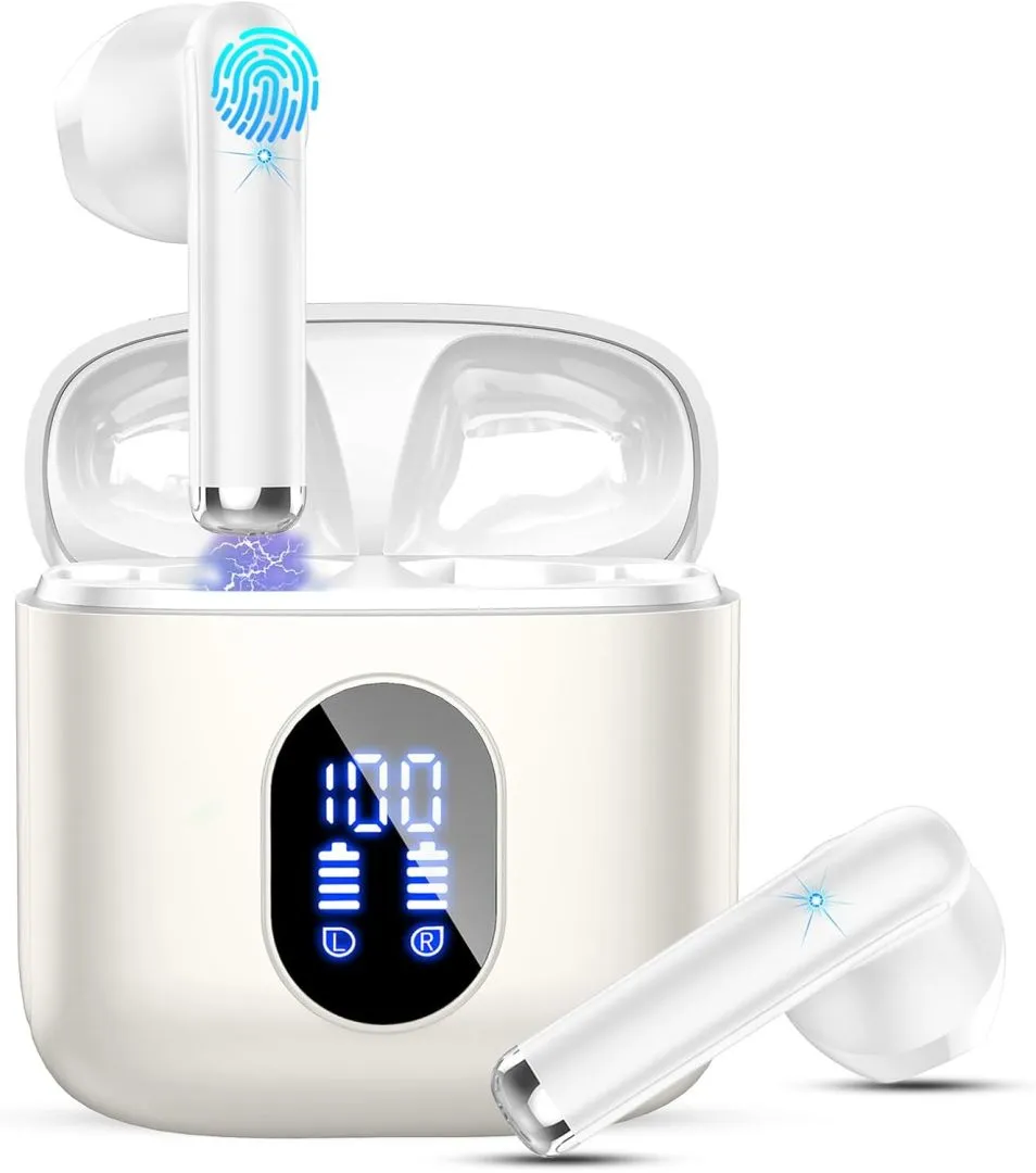 Wireless Earbuds, Bluetooth Headphones 5.4 with ENC Noise Cancelling Mics, 40H Bluetooth Ear buds 3D Bass with LED Display Charging Case, IP7 Waterproof Wireless Earphones for Android, iOS, Pearlwhite