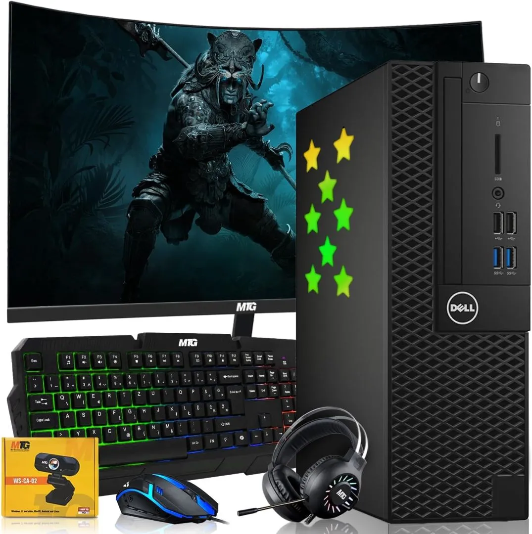 Dell Desktop PC Gaming Bundle - Core i5, 16GB RAM, 512GB SSD, 27-inch Curved Monitor, AMD RX 550, RGB Keyboard with AI-Enabled Copilot Key, Mouse, RGB Headphone, Webcam, Wi-Fi, Win 10 Pro (Renewed)