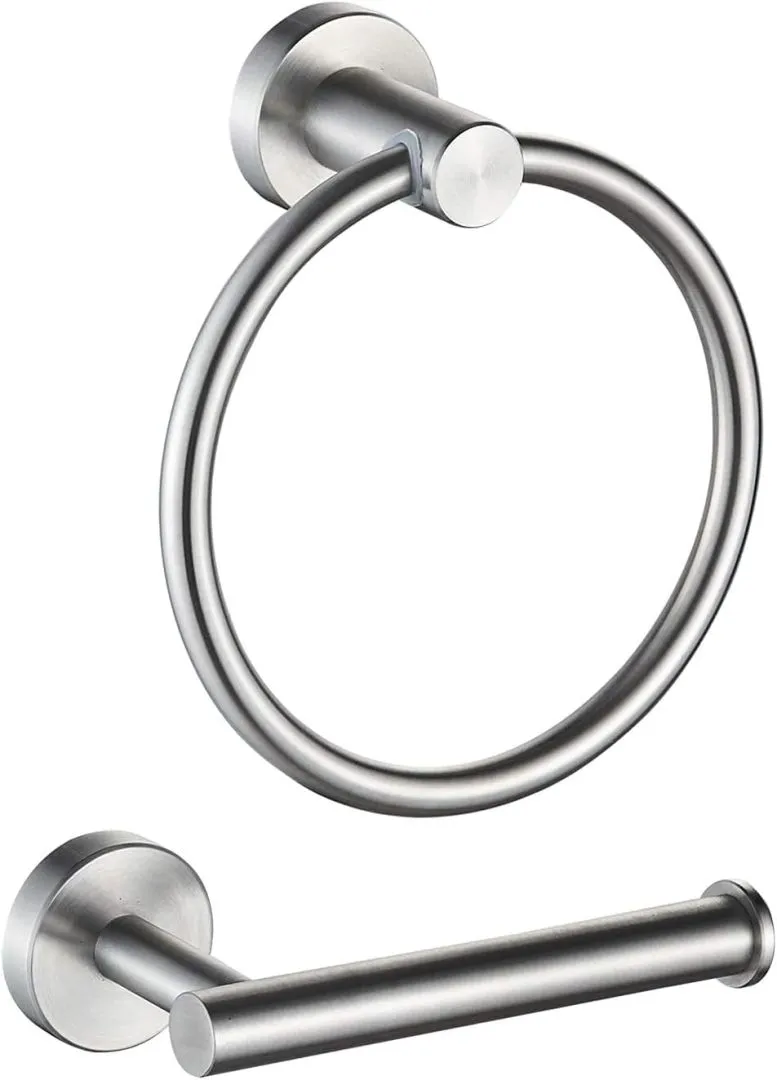 MARMOLUX ACC 2-Pc Bathroom Hardware Set - Hand Towel Holder for Bathroom Wall - Toilet Paper Holder Stand Wall Mount - Towel Holder Hanger Rack Stainless Steel Bathroom Set Towel Ring - Brushed Steel