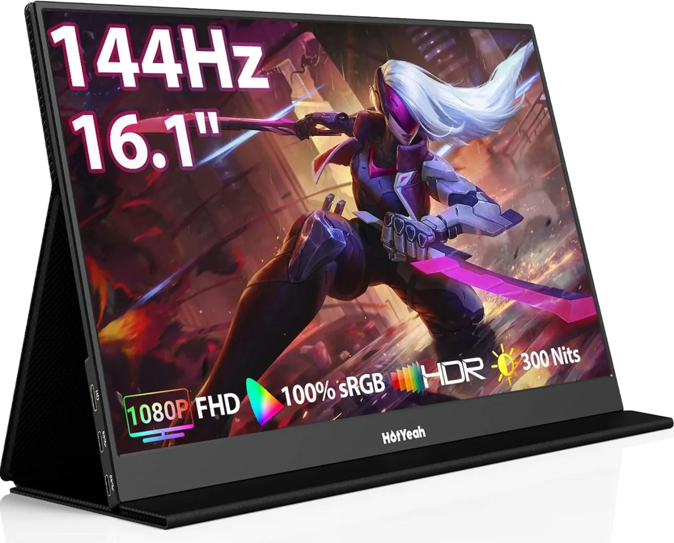 HotYeah 16.1'' 144Hz Portable Gaming Monitor, 1080P FHD Portable Monitor USB-C HDMI External Display HDR IPS Travel Monitor w/Smart Cover & Speaker, 2nd Screen for Laptop, PC, Mac, Switch, PS5/4, Xbox