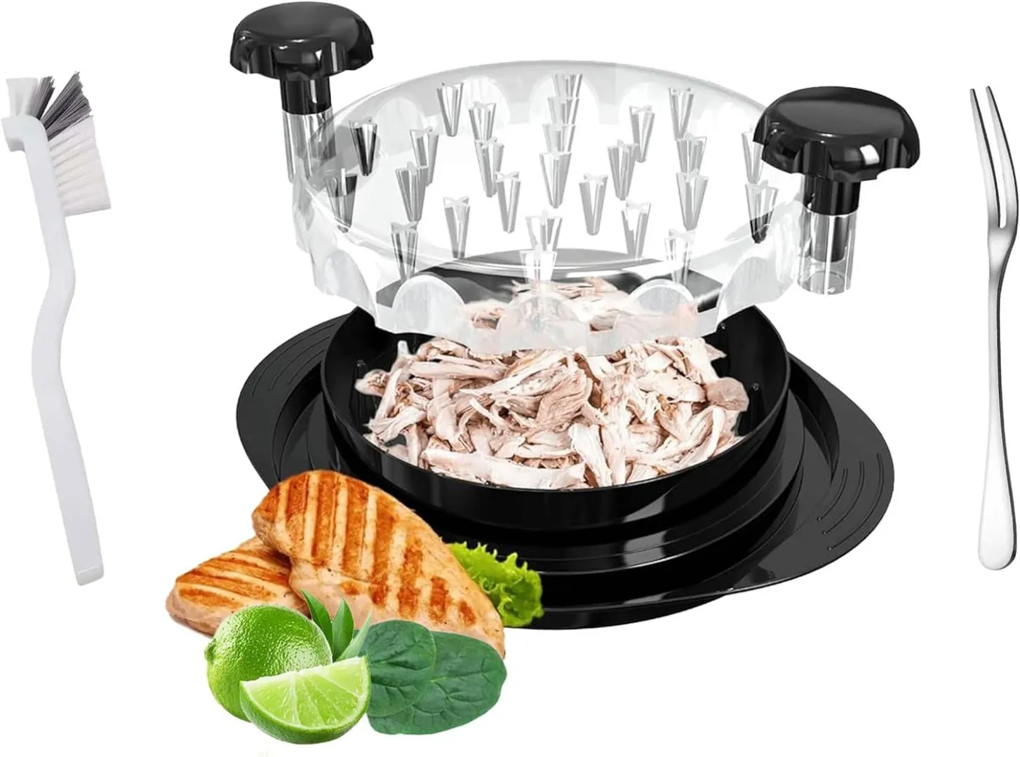 SLP Chicken Shredder Tool Twist, Compact BPA-Free Meat Shredder, Transparent Lid, Ergonomic Handle, Cleaning Brush & Fork, Black Design, Dishwasher Safe
