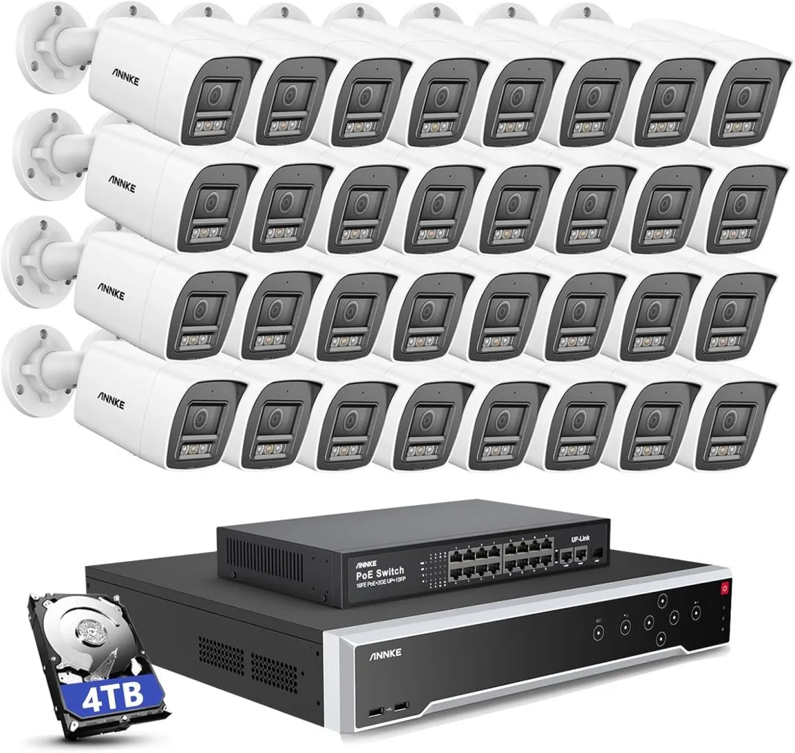 ANNKE 12MP PoE Security Camera System, 16 Ports Expandable 32CH 12MP H.265+ NVR Recorder, 32X 12MP Smart Color Night Vision Wired IP Bullet Cams, Built-in Mic, AI Motion & 1CH Face Detection, 4TB HDD