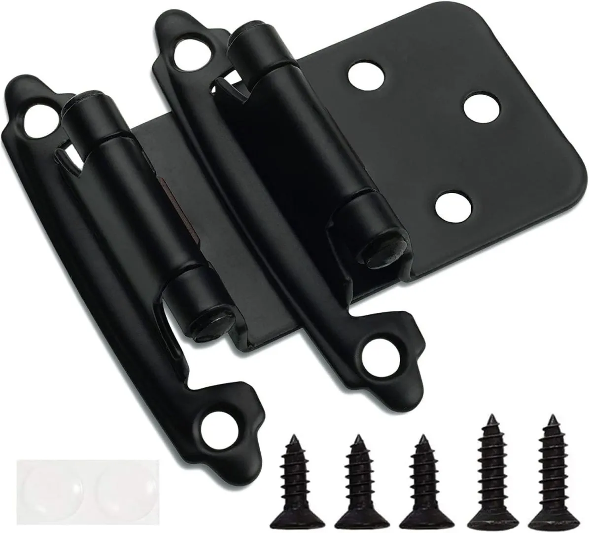 Decobasics 1/2" Overlay Matte Black Cabinet Hinges (2 Pair -4 Pcs) Self Closing Bath & Kitchen Cabinet Hinges Black Flush Mount w/Door Bumpers & Upgraded Screws