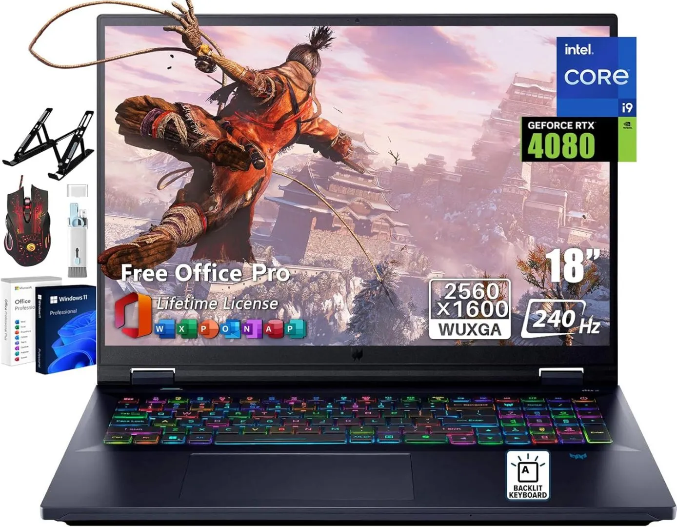 acer Predator Helios 18 Gaming Laptop, Intel i9-14900HX 24-Core, 18" 2560 x 1600 IPS 240Hz, GeForce RTX 4080, 64 GB DDR5, 1 TB SSD, WiFi 7, RGB Backlit KB, Thunderbolt 4, Win 11 Pro, w/Accessories