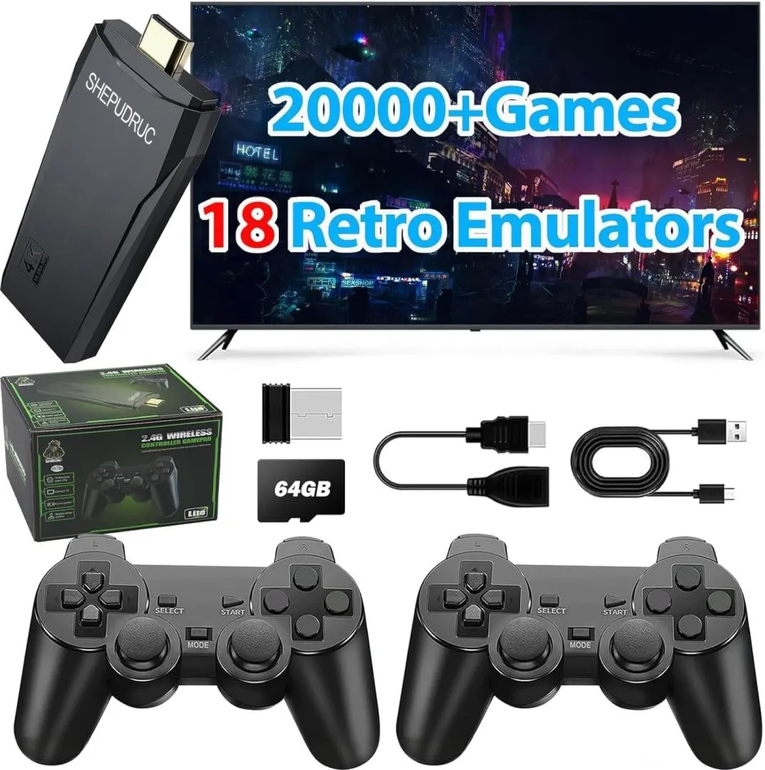 Wireless Retro Handheld Game Console, Game Console Stick Built-in 20000+ Plug-and-Play Video Games, Equipped with 18 Simulators, 4K HDMI Output and Dual 2.4G Controller（64GB Memory Card）