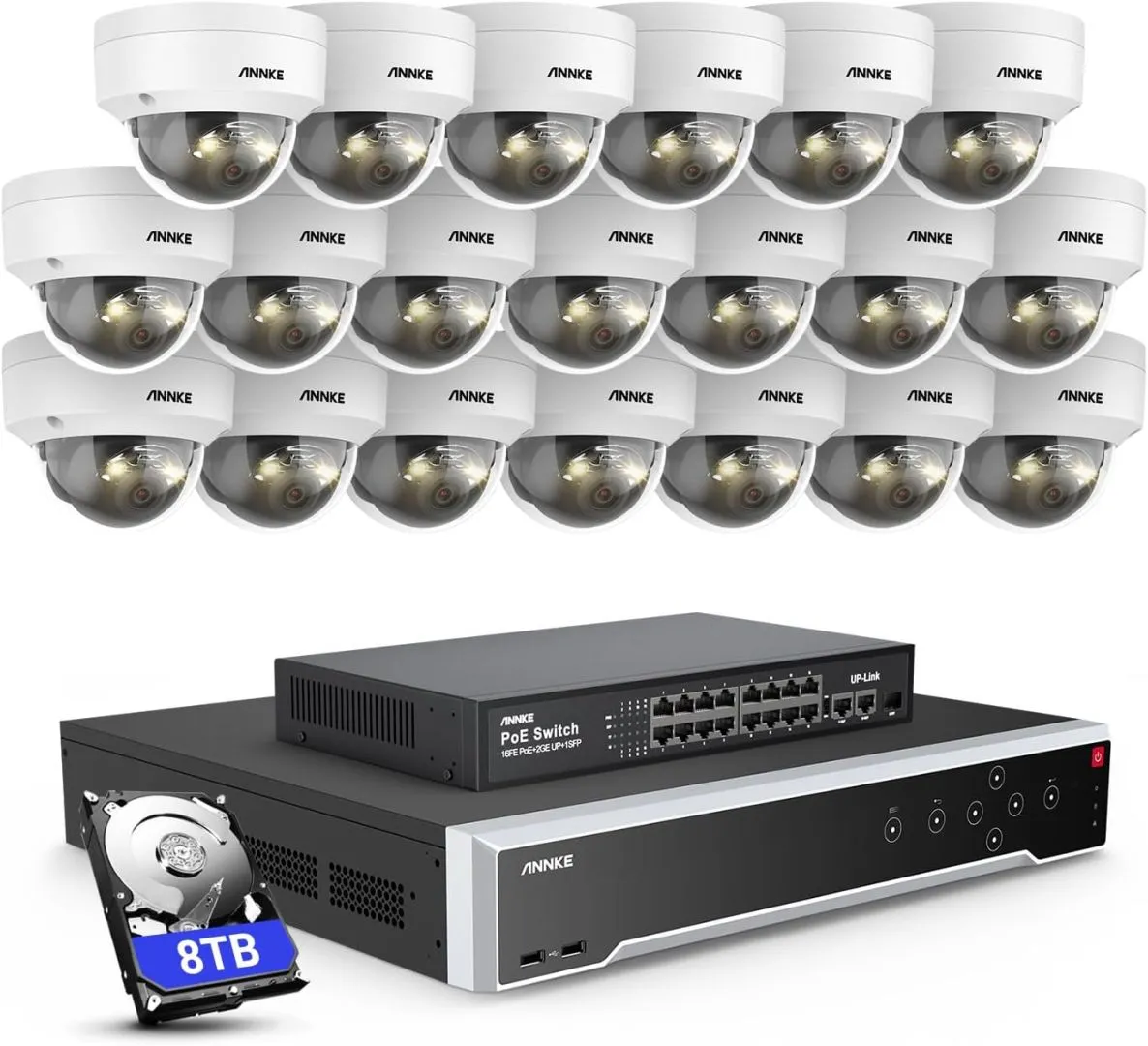 ANNKE 12MP Security Camera System, 16 Ports Expandable 32CH 12MP H.265+ NVR Recorder, 20X 12MP Color Night Vision Wired IP Dome Cams, Built-in Mic, AI Motion & 1CH Face Detection, NOT PTZ, 8TB HDD