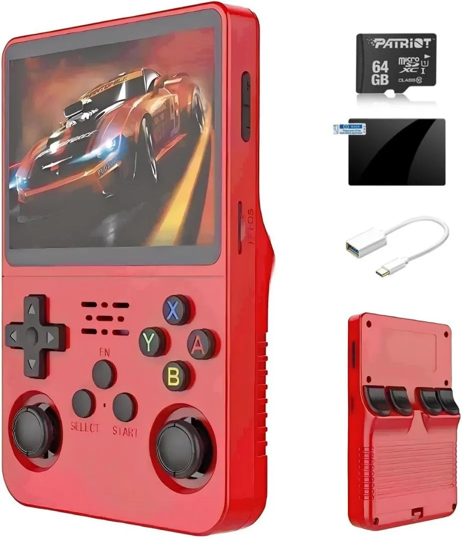R36s Handheld Retro Gaming Console Linux System 64G TF Card, Support 15000+ Games, Portable Pocket Game Console 3.5-inch IPS Screen (red/64G)