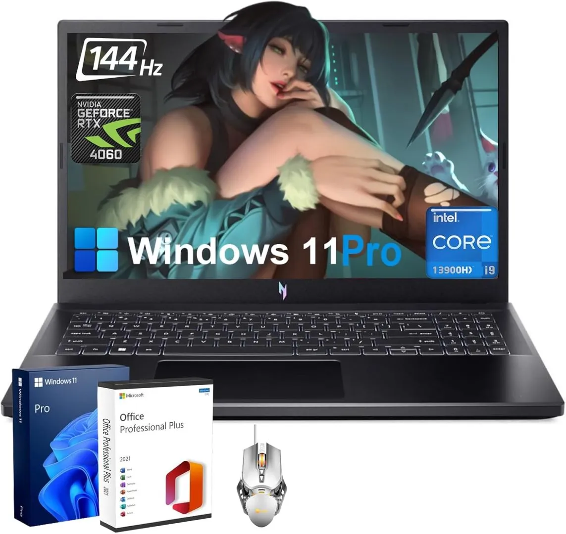 acer Nitro V Gaming Laptop - Win11 Pro, Intel i9-13900H CPU | NVIDIA GeForce RTX 4060 GPU| 15.6" FHD 144Hz Display | 32GB DDR5 | 2TB SSD | WiFi 6 | Backlit KB | with Office Lifetime & Accessories