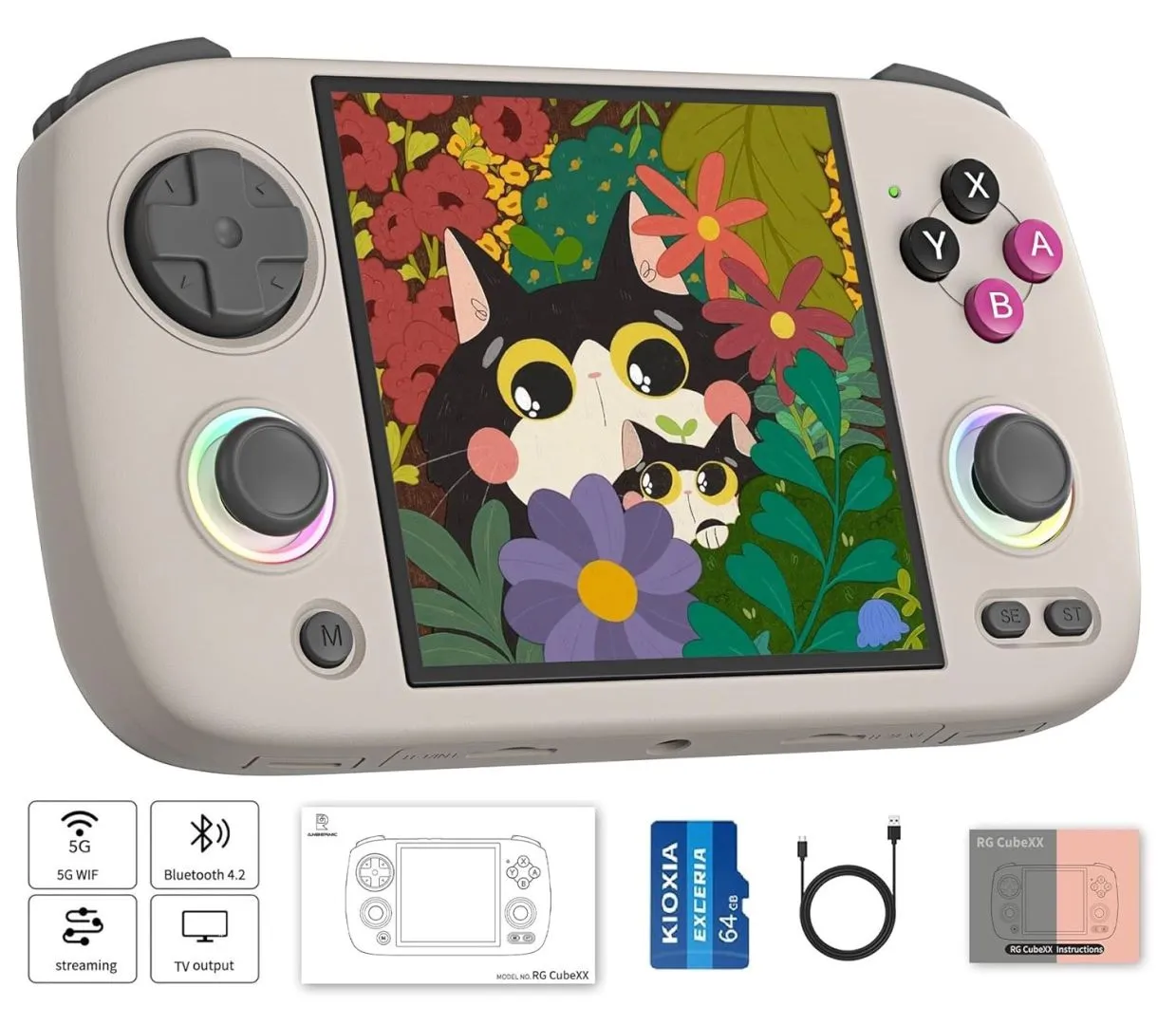 RG CubeXX Retro Handheld Game Console , 3.95 Inch IPS Screen Linux System Built-in 64G TF Card 5056 Games Support TV Output 5G WiFi Bluetooth 4.2(Gray)