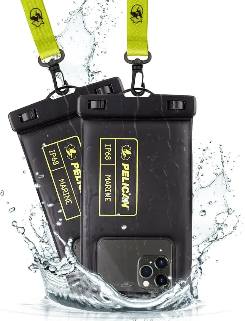 Pelican 2 Pack Marine - IP68 Waterproof Phone Pouch (Regular Size)-Floating Waterproof Phone Case for iPhone 16 Pro Max/ 15 Pro Max/ 14 Pro Max/ 13 - Detachable Lanyard - Black/Hi-Vis Yellow