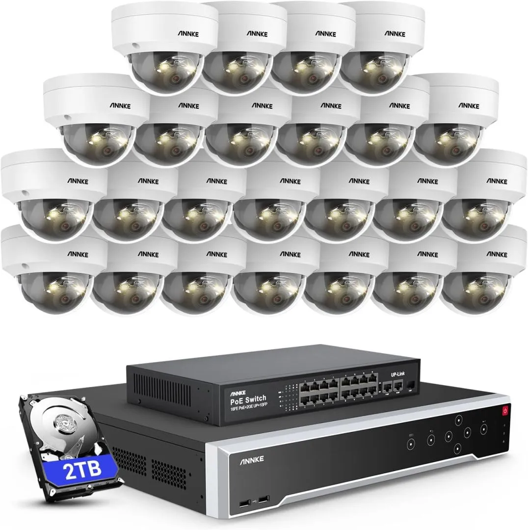 ANNKE 12MP Security Camera System, 16 Ports Expandable 32CH 12MP H.265+ NVR Recorder, 24X 12MP Color Night Vision Wired IP Dome Cams, Built-in Mic, AI Motion & 1CH Face Detection, NOT PTZ, 2TB HDD