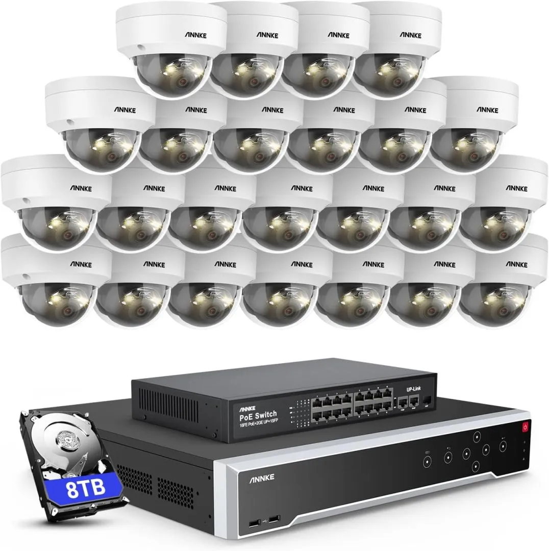 ANNKE 12MP Security Camera System, 16 Ports Expandable 32CH 12MP H.265+ NVR Recorder, 24X 12MP Color Night Vision Wired IP Dome Cams, Built-in Mic, AI Motion & 1CH Face Detection, NOT PTZ, 8TB HDD