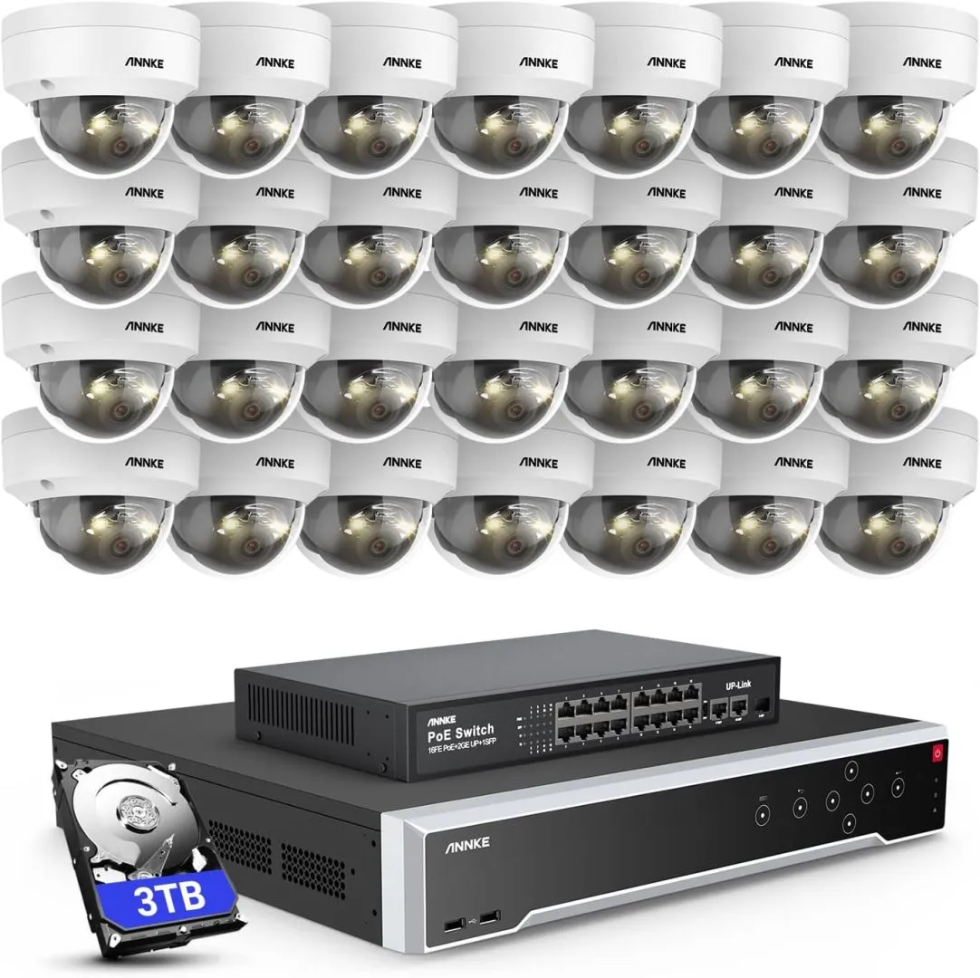 ANNKE 12MP Security Camera System, 16 Ports Expandable 32CH 12MP H.265+ NVR Recorder, 28X 12MP Color Night Vision Wired IP Dome Cams, Built-in Mic, AI Motion & 1CH Face Detection, NOT PTZ, 3TB HDD