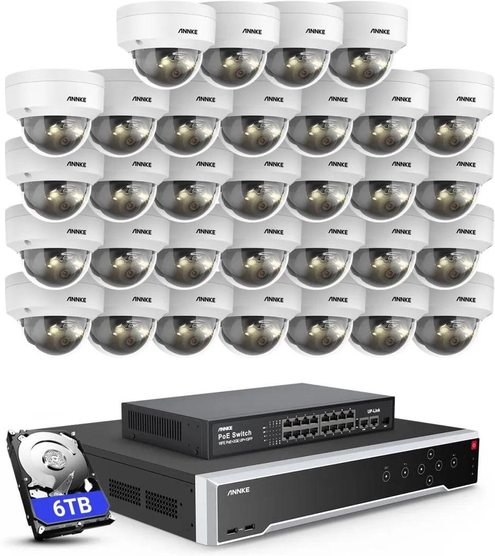 ANNKE 12MP Security Camera System, 16 Ports Expandable 32CH 12MP H.265+ NVR Recorder, 32X 12MP Color Night Vision Wired IP Dome Cams, Built-in Mic, AI Motion & 1CH Face Detection, NOT PTZ, 6TB HDD