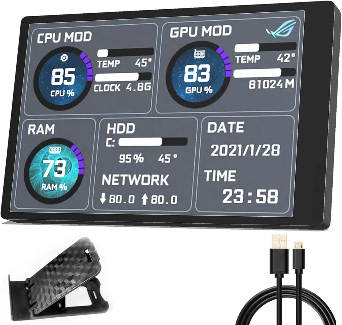 WOWNOVA English Version Computer Temp Monitor, PC Sensor Panel Display, PC Temperature Display for PC ARGB Computer Case Secondary Screen, IPS USB Mini Screen PC CPU RAM HDD Data Monitor