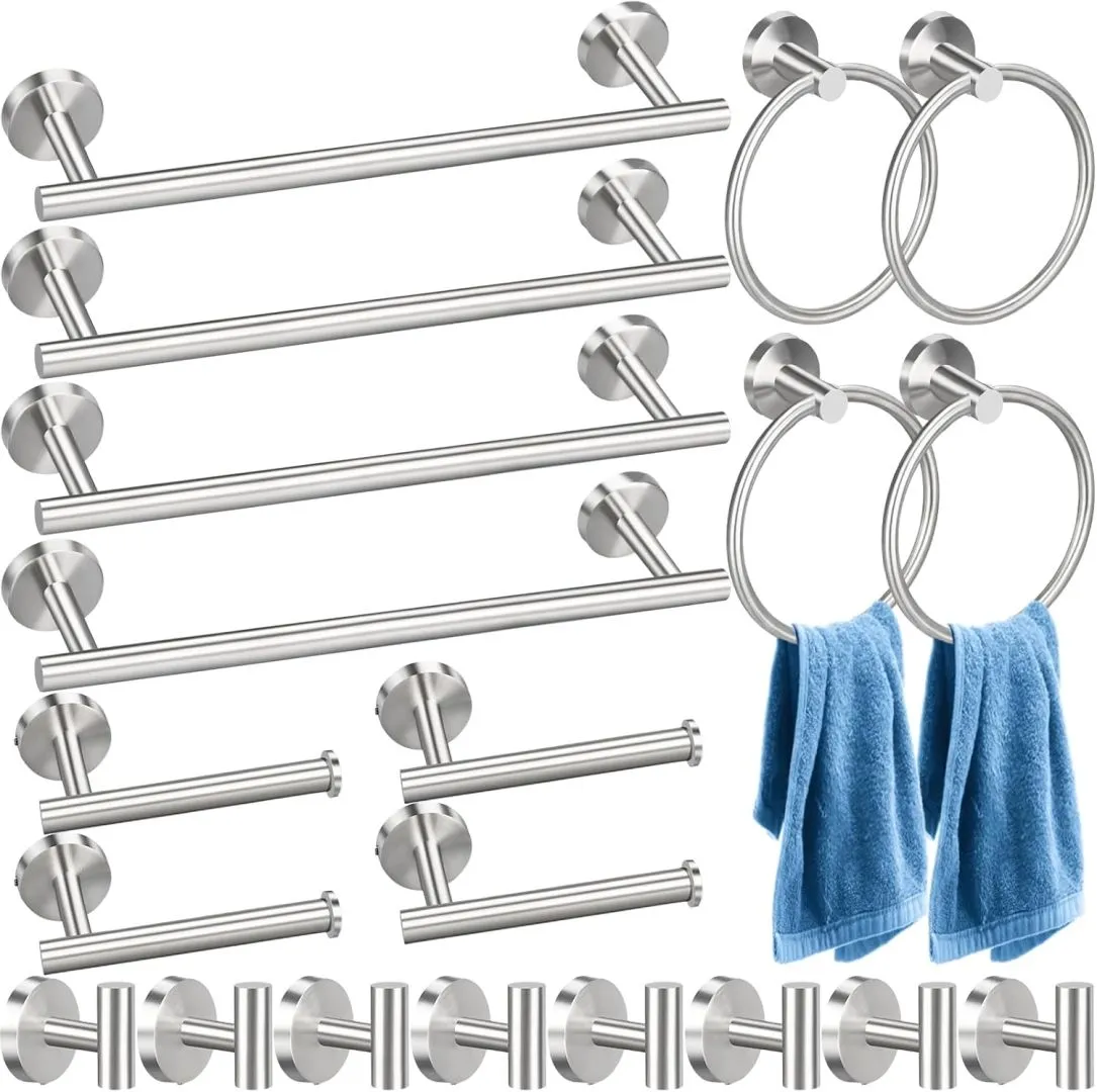 20 Pcs Bathroom Hardware Set 20 Pieces, Stainless Steel Towel Bar Set Includes 4 Packs 15.7 inch Bar, 8 Hook, 4 Ring, 4 Toilet Paper Holder Wall Mounted Bathroom Accessories (Brushed Nickel)