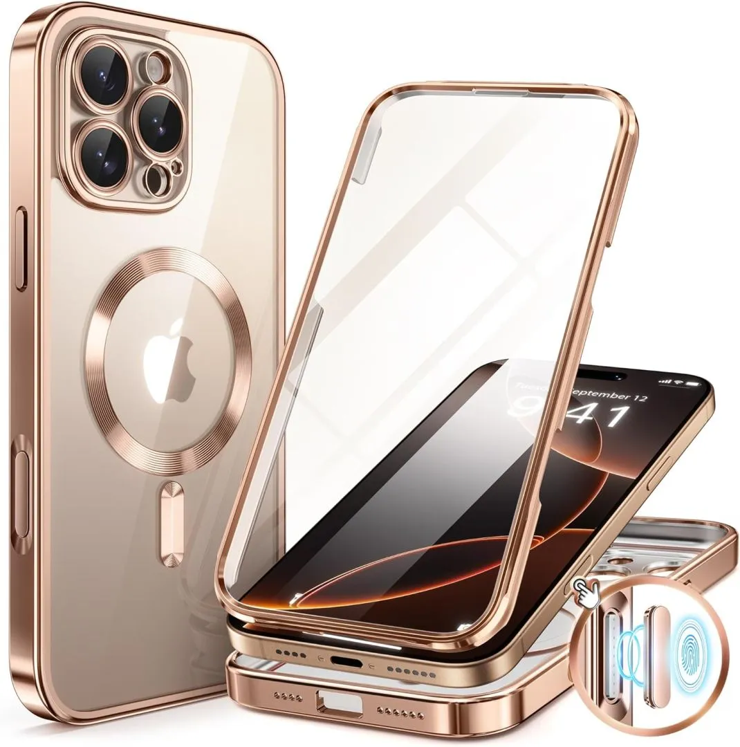 BERFY Magnetic for iPhone 16 Pro Case, Compatible with Magsafe, Built-in 9H Tempered Glass Screen Protector & Upgraded Camera Protection, Full-Body Plating Phone Case for 16 Pro 6.3", Desert Gold