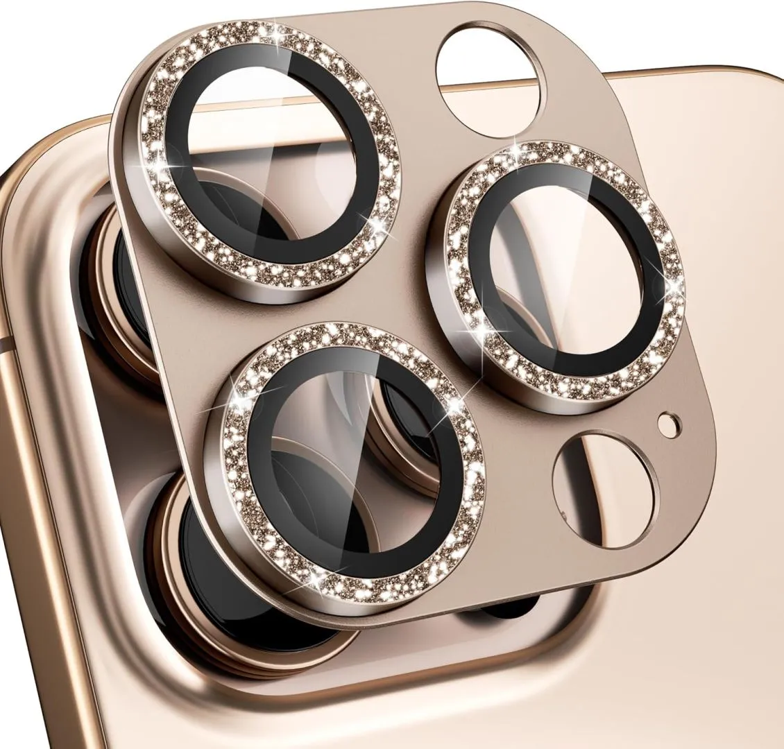 beuxece Compatible for iPhone 16 Pro/iPhone 16 Pro Max Camera Lens Protector, Bling Metal Tempered Glass Camera Screen Cover [Strong Adsorption][Case-Friendly]- Glitter Deep Titanium Desert