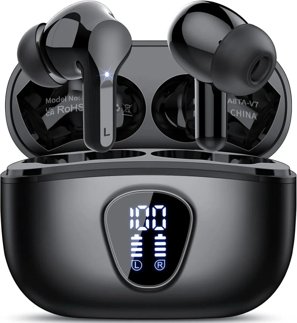 Wireless Earbuds, Bluetooth 5.3 Headphones HiFi Stereo, Bluetooth Earbuds with ENC Noise Cancelling Mic, IP7 Waterproof in Ear Earphones, 48H, LED Display Ear buds for Pad Phones Workout Sports, Black