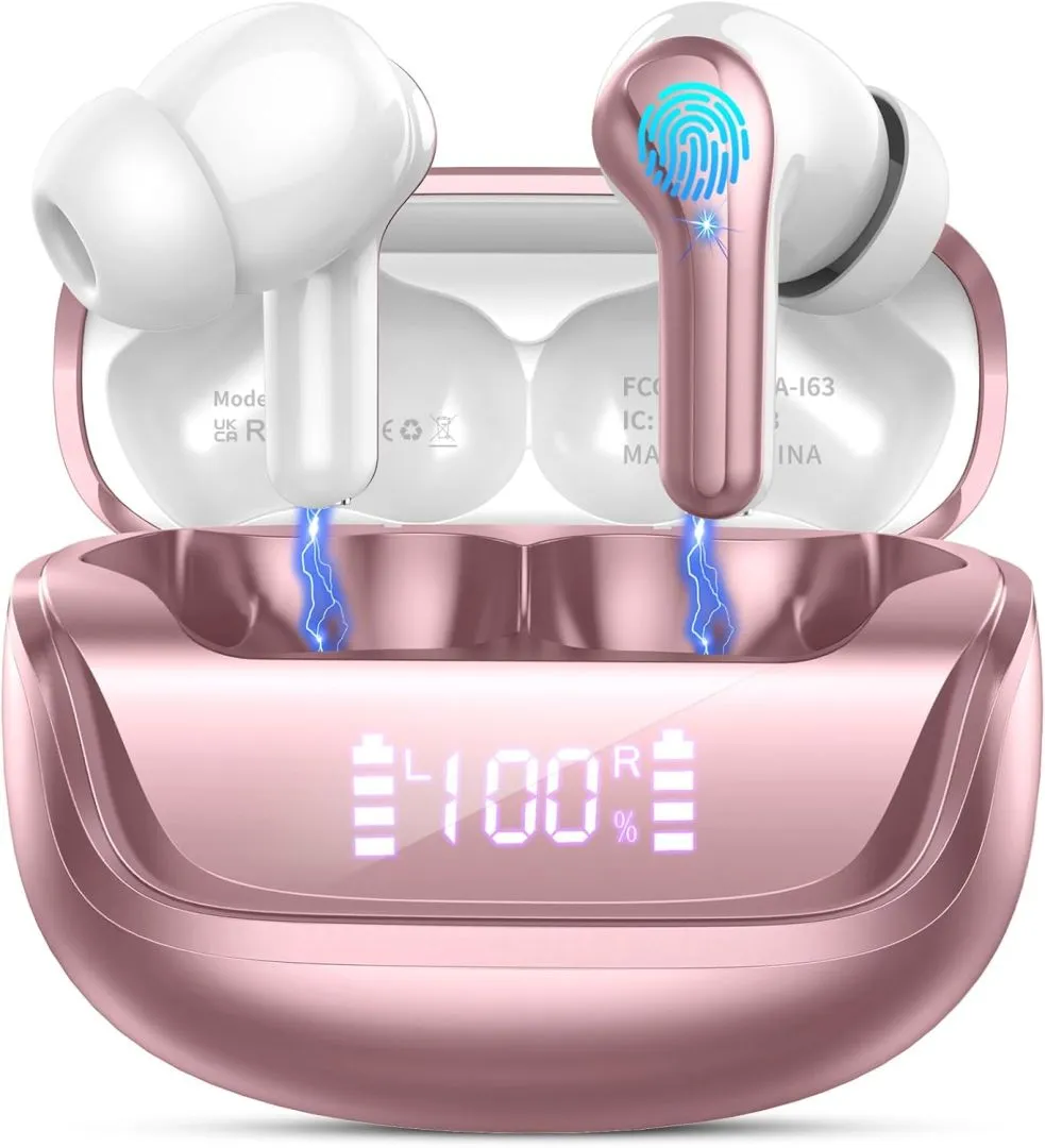 Wireless Earbuds, Bluetooth 5.4 Headphones Deep Bass Stereo, in-Ear Earphones with 4 ENC Mics, 45H Playtime LED Display Mini Charging Case Ear Buds, IP7 Waterproof Wireless Headphones for Android iOS