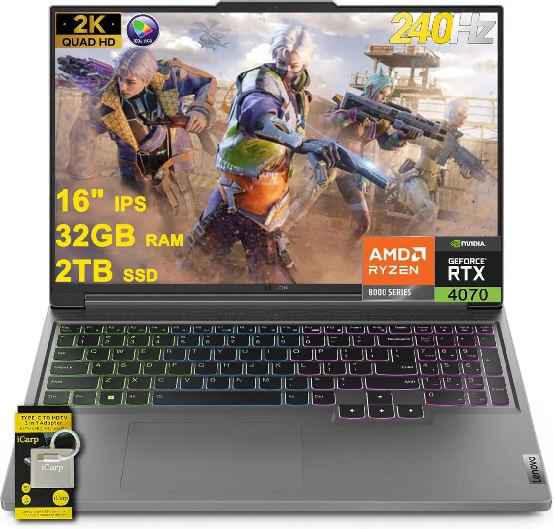 Lenovo Legion Slim 5 Gaming Laptop 16" WQXGA 2560x1600 240Hz (500nits 100% sRGB G-SYNC) AMD Zen 4 8-Core Ryzen 7 8845HS (>i7-12700H) 32GB RAM 2TB SSD GeForce RTX 4070 RGB Backlit Win11 w/ICP Accessory