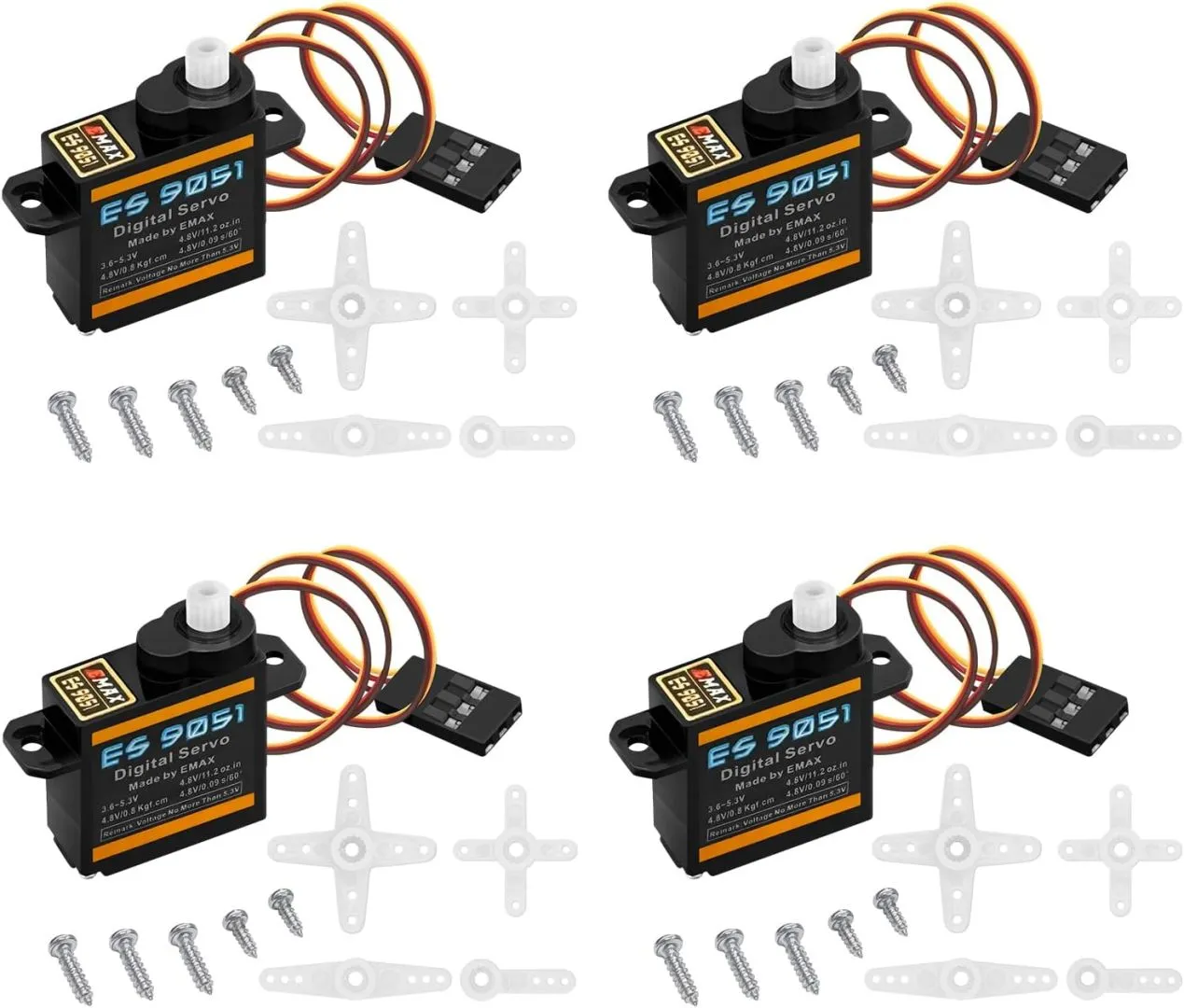 HAWK'S WORK 4 Pcs 4.8G Servo, Micro Digital Servo for Robot Arm RC Plane Helicopter Car Boat, Coreless Motor Mini Servo for STEM & Raspberry Pi Project (Emax ES 9051 II)