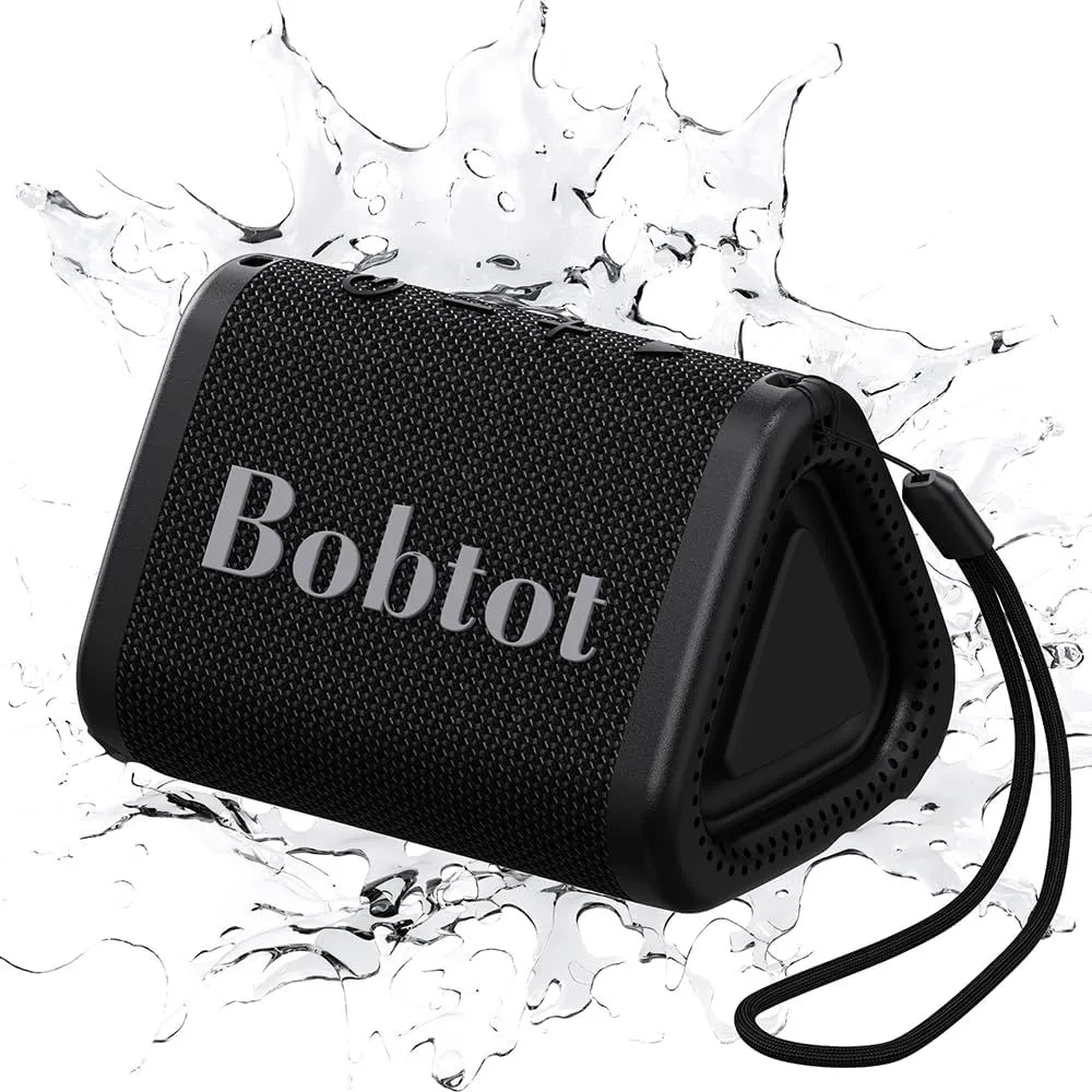Bobtot Portable Bluetooth Speaker Wireless 10W Peak, IPX7 Small Shower Speaker Waterproof, 15H Playing Time, Loud and Stereo Sound with Bass, TWS Pairing for Party, Camping, Travel, Black