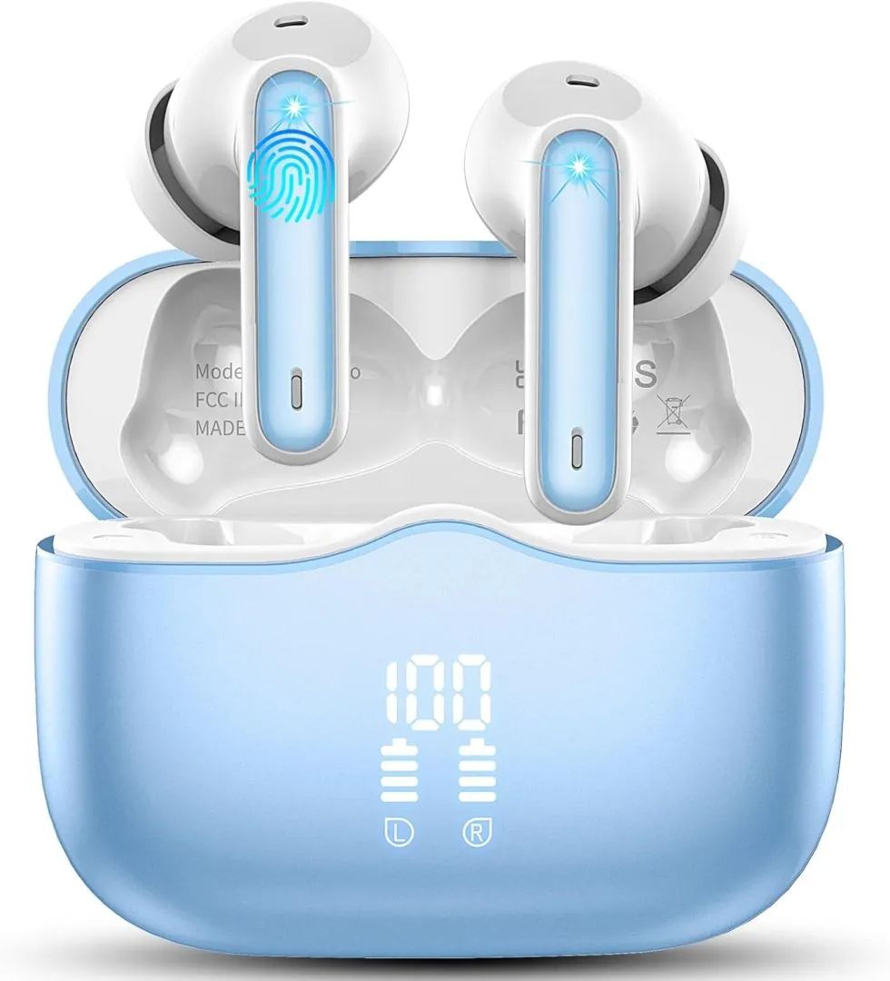 Wireless Earbuds, Bluetooth 5.3 Headphones in Ear with HiFi Stereo Deep Bass, 4 ENC Noise Cancelling Mic Wireless Earphones 40H Playtime, Bluetooth Earbuds Dual LED Display IP7 Waterproof, Lake Blue