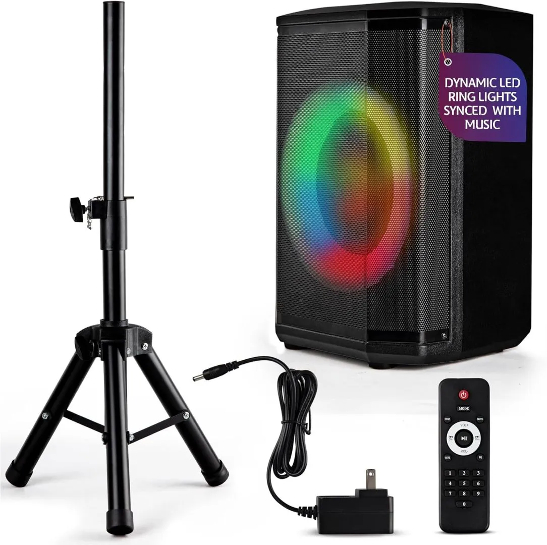 Pyle Portable Bluetooth Speaker with 8" Inch Woofer, TWS Function, Mic Input, USB/Micro SD/FM Radio, Colorful Ring Lights, 120W Rechargeable Battery, Tripod Stand, Hi-Fi Sound, Indoor/Outdoor Use