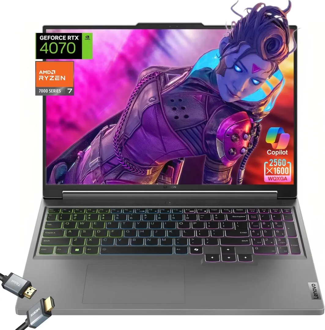 Lenovo 2024 Legion Slim 5 Gaming Laptop, 16"(2560 x 1600) WQXGA - AMD Ryzen 7 7735HS - NVIDIA GeForce RTX 4070 8GB - AI Engine- Copilot in Windows 11, w/HDMI Cable (Home, 32GB RAM | 1TB PCIe SSD)