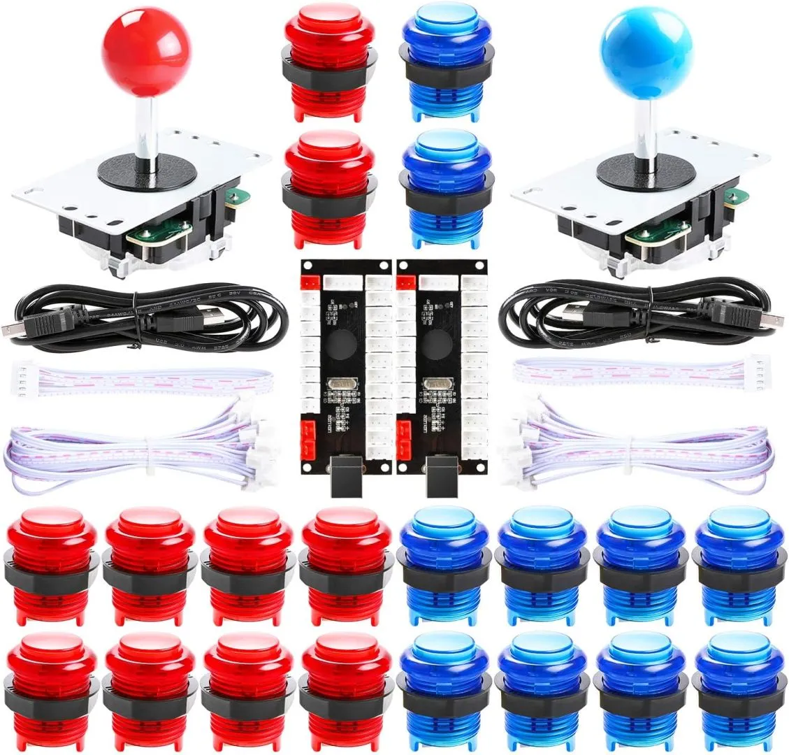 2 Player led arcade buttons and joysticks DIY kit 2x joysticks + 20x led arcade buttons game controller kit for MAME and Raspberry Pi - Red + Blue Color