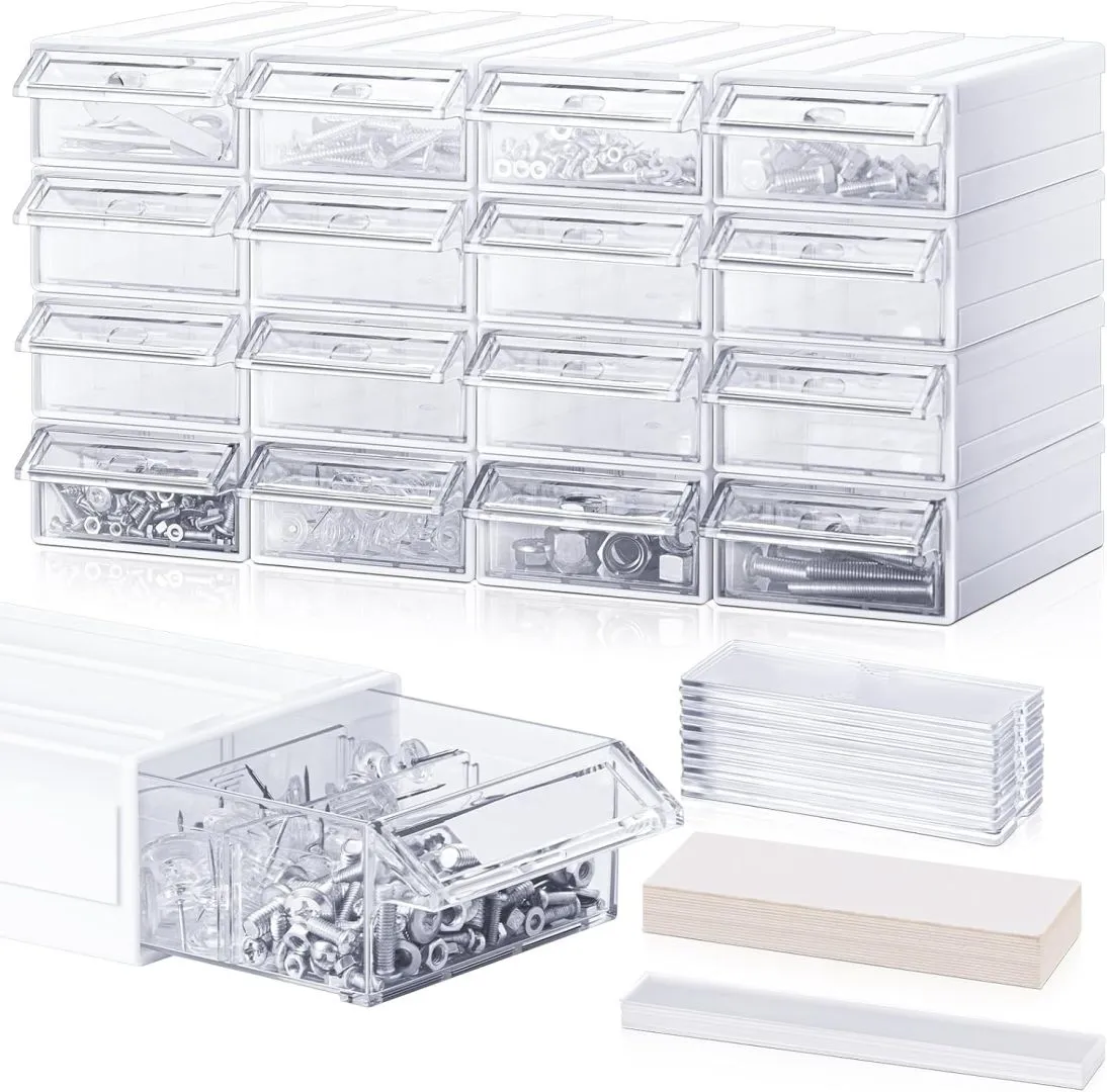 16 Pcs Stackable Drawer Screw Organizers with 48 Pcs Clear Dividers and 16 Pcs Tag Card Hardware Storage Bins Wall Mounted Plastic Drawers Storage Closet For Garage Home Office